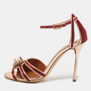 Malone Souliers Burgundy/Gold Leather and Satin Ankle Strap Sandals Size 38