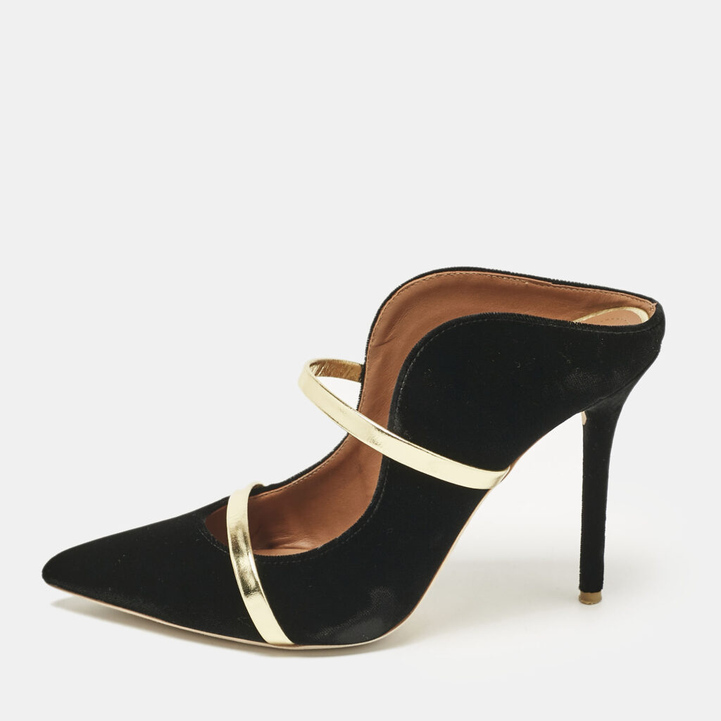 luxury-women-malone-souliers-used-shoes-p1113847-003 Malone Souliers Black/Gold Velvet and Leather Maureen Mules Size 38