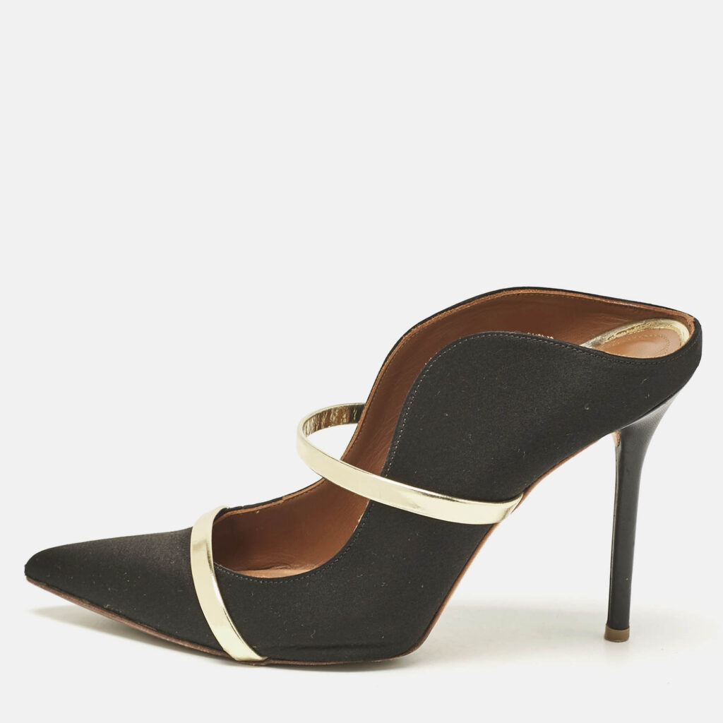 luxury-women-malone-souliers-used-shoes-p1121169-010 Malone Souliers Black/Gold Satin and Leather Maureen Flat Mules Size 38