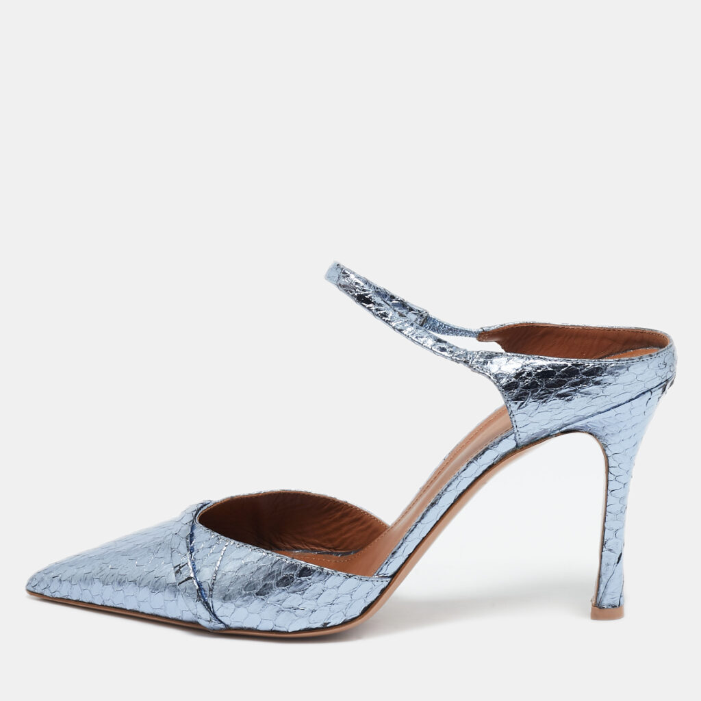 luxury-women-malone-souliers-used-shoes-p1130510-001 Malone Souliers Metallic Blue Snakeskin Embossed Leather Uma Mules Size 39