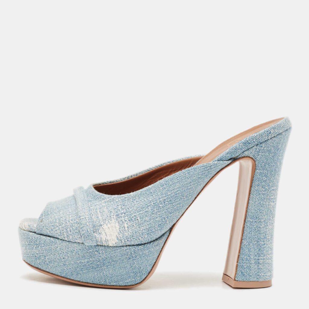Malone Souliers Baby Blue Denim Yasmin Platform Mules Size 40