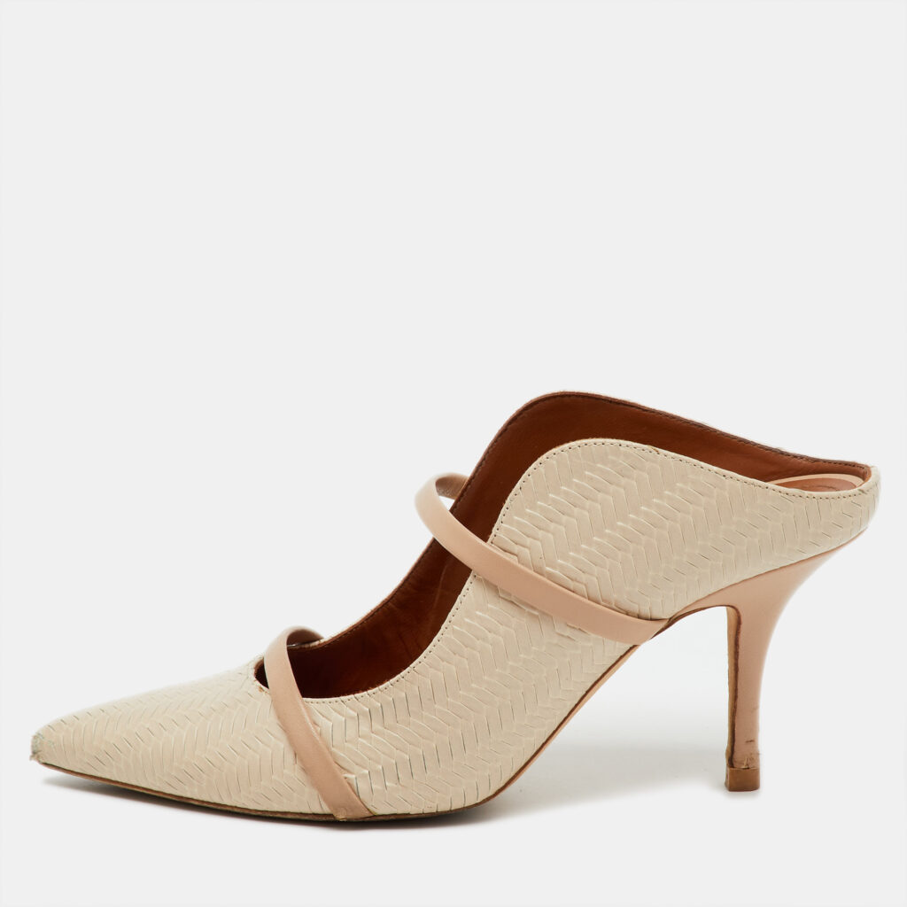 Malone Souliers Off White/Beige Woven Leather Maureen Pointed Toe Mules Size 38