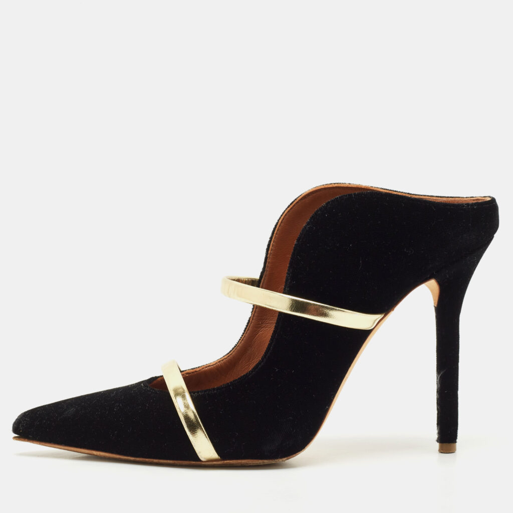 luxury-women-malone-souliers-used-shoes-p1148579-006 Malone Souliers Black/Gold Velvet and Leather Maureen Pointed Toe Mules Size 38