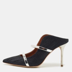 Malone Souliers Navy Blue Lurex Fabric Maureen Heel Mules Size 37