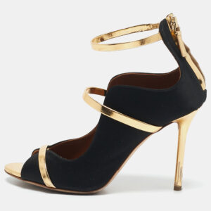 Malone Souliers Black/Gold Satin and Leather Mika Ankle Strap Sandals Size 37.5