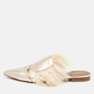 Malone Souliers Metallic Leather and Feather Pointed Toe Flat Mules Size 42