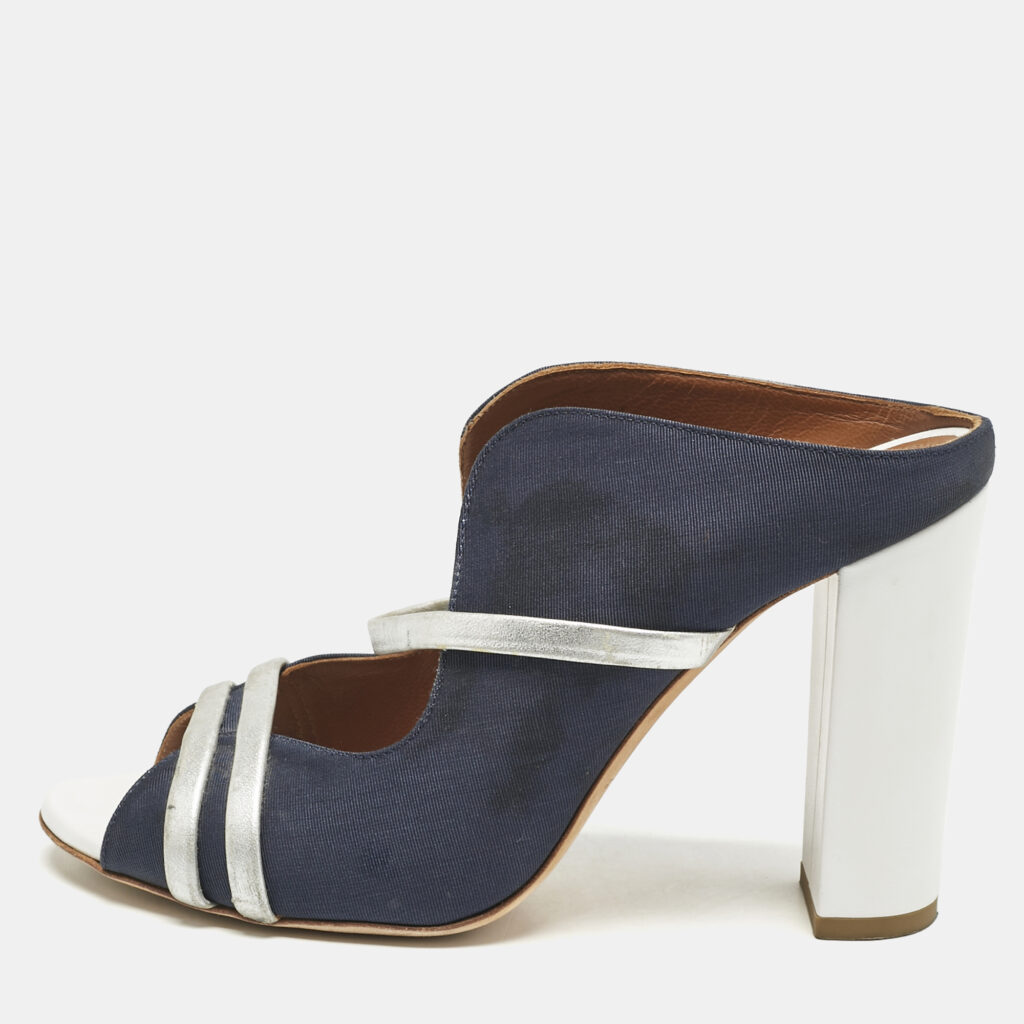 luxury-women-malone-souliers-used-shoes-p1158016-001 Malone Souliers Blue/Silver Canvas And Leather Maureen Block Heel Sandals Size 39.5