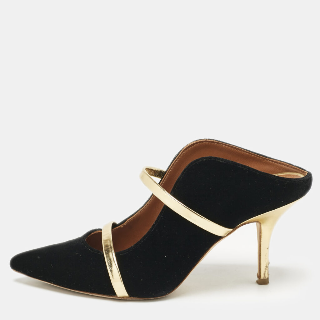 Malone Souliers Gold/Black Leather/Velvet Maureen Mules Size 36.5