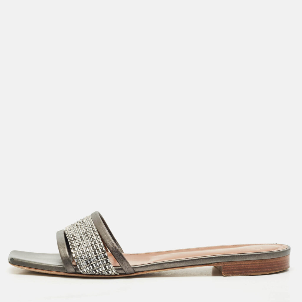 luxury-women-malone-souliers-used-shoes-p1163712-010.jpg Malone Souliers Metallic Grey/Silver Leather And Fabric Demi Flat Slides Size 41