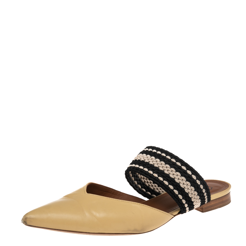 luxury-women-malone-souliers-used-shoes-p512167-007-1 Malone Souliers Yellow/Black Leather And Canvas Hannah Roksanda Mule Sandals Size 38.5