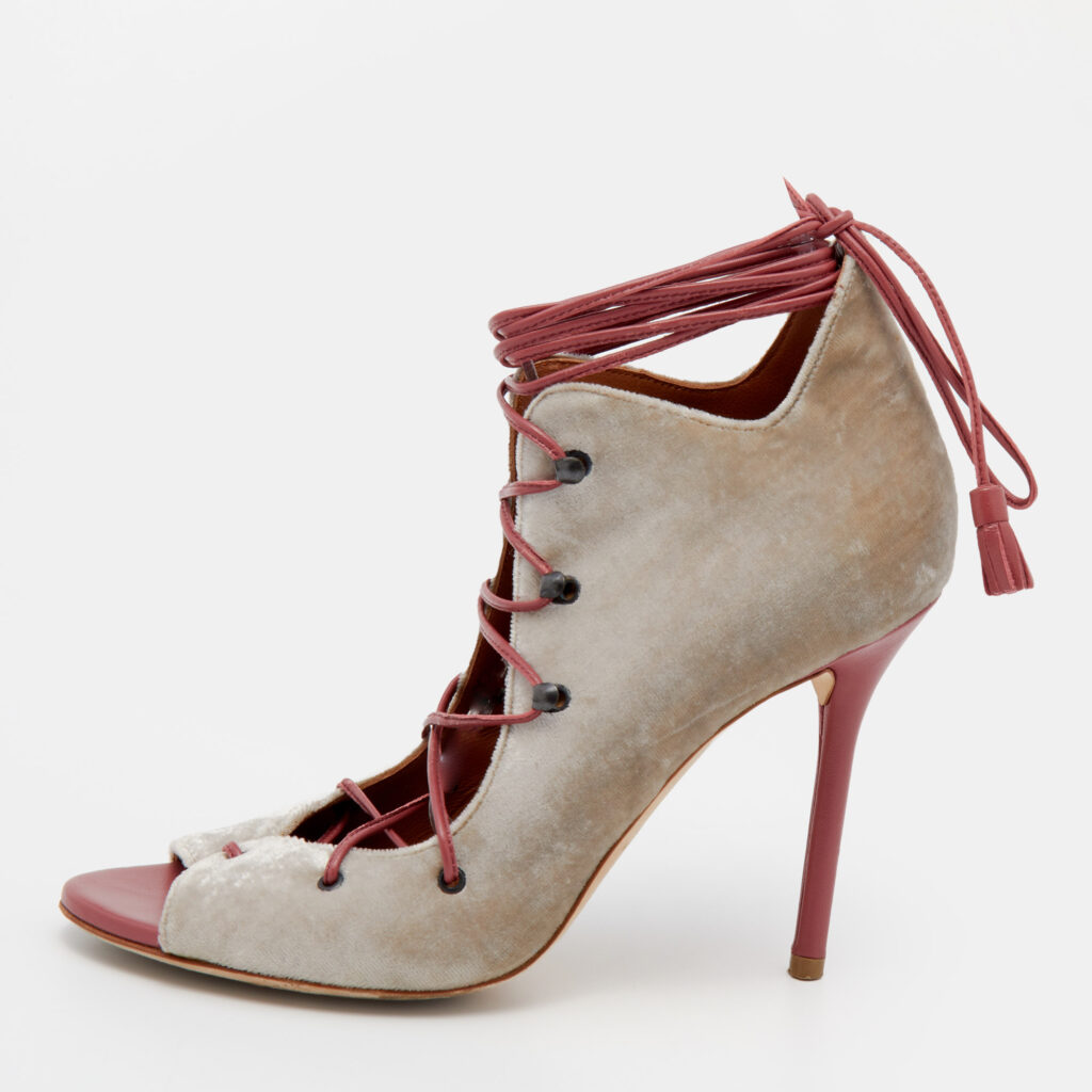 luxury-women-malone-souliers-used-shoes-p647598-009 Malone Souliers Grey/Pink Velvet and Leather Savannah Ankle Wrap Sandals Size 36