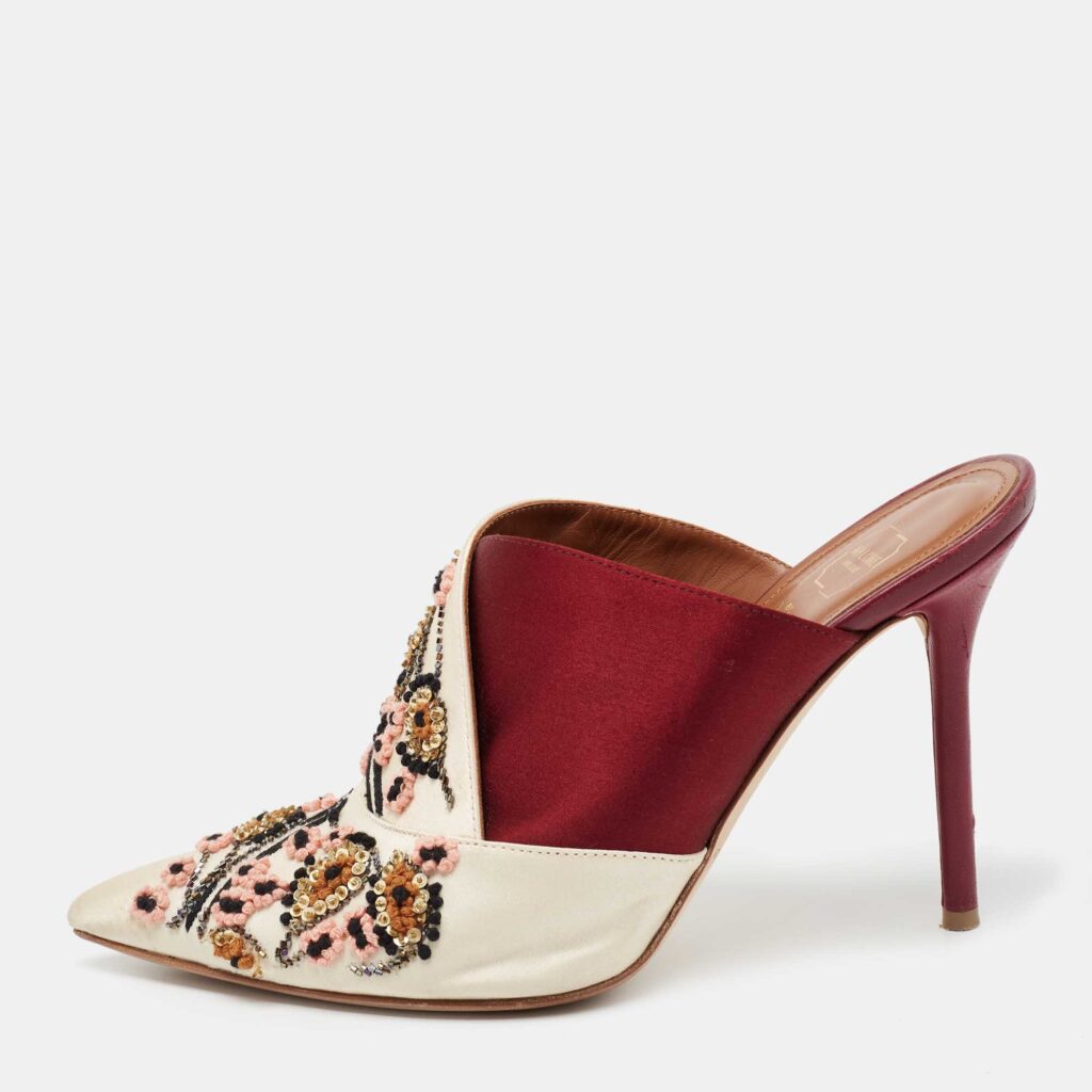 luxury-women-malone-souliers-used-shoes-p672231-003 Malone Souliers Off White/Burgundy Satin Floral Embroidered Pointed Toe Mules Size 37
