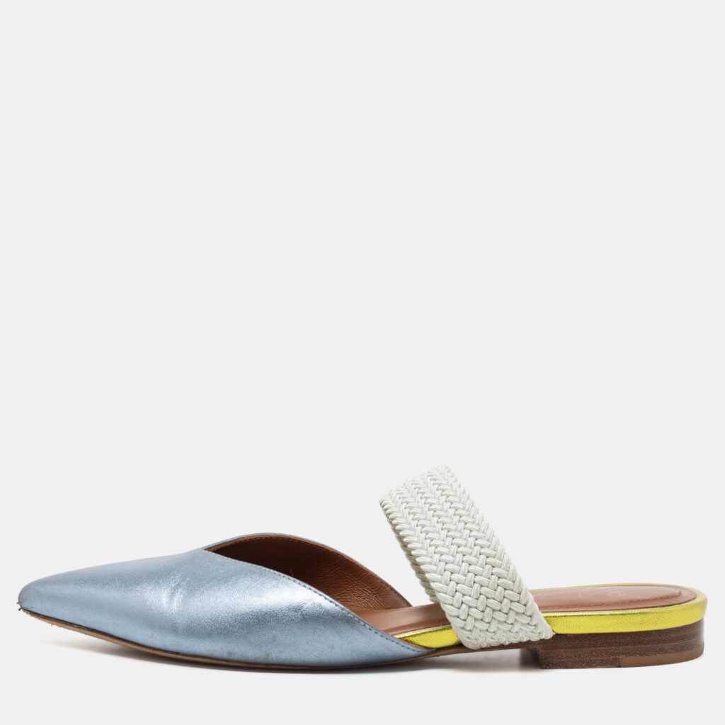 luxury-women-malone-souliers-used-shoes-p693053-005-1 Malone Souliers by Roy Luwolt Metallic Blue Leather And Elastic Maisie Flat Mules Size 36