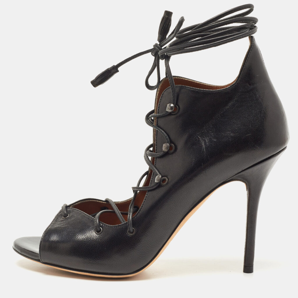 luxury-women-malone-souliers-used-shoes-p830349-003 Malone Souliers Black Leather Savannah Open Toe Ankle Wrap Pumps Size 38.5