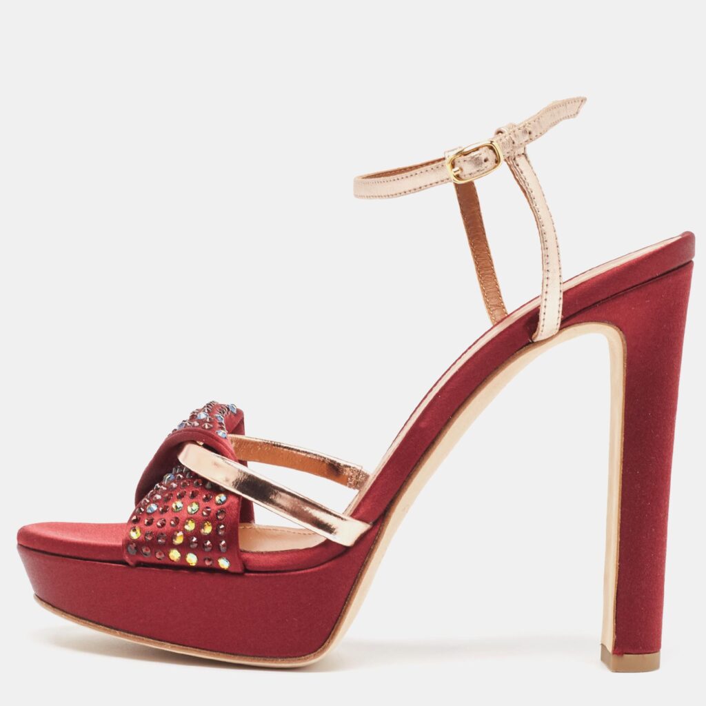 luxury-women-malone-souliers-used-shoes-p961395-001 Malone Souliers Burgundy/Gold Satin and Leather Embellished Platform Sandals Size 37.5
