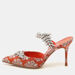 Manolo Blahnik Orange Floral Jacquard Lurum Pointed Toe Mules Size 37