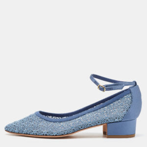 Manolo Blahnik Blue Satin and Lace Listana Block Heel Ankle Strap Pumps Size 36