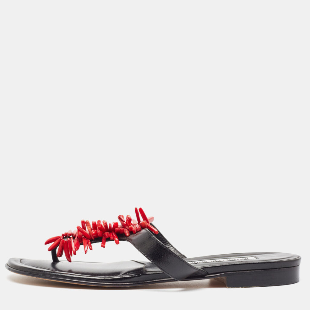 luxury-women-manolo-blahnik-used-shoes-p1009444-001 Manolo Blahnik Black Leather Embellished Thong Flats Size 37.5