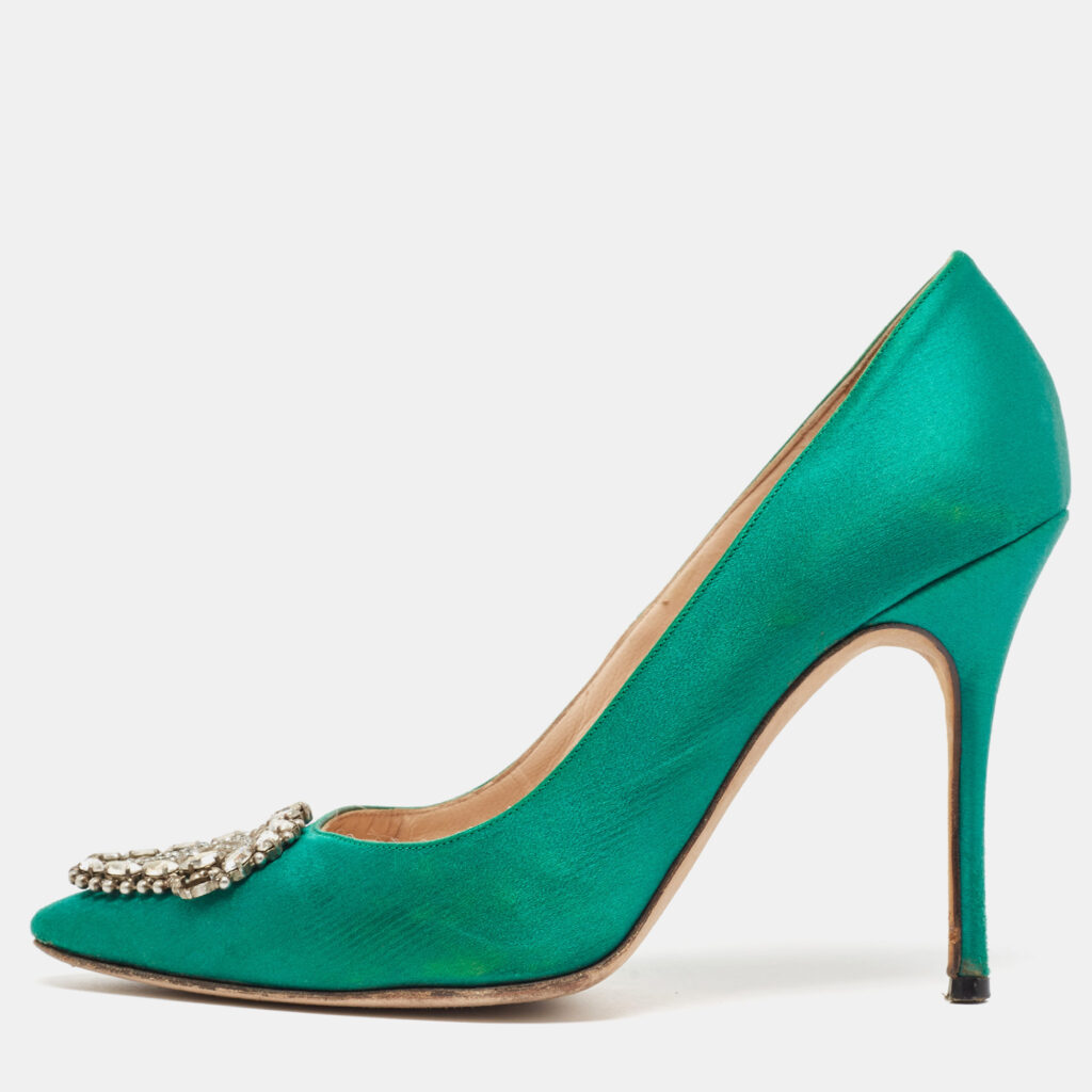 luxury-women-manolo-blahnik-used-shoes-p1009453-001 Manolo Blahnik Green Satin Okkaava Pumps Size 37