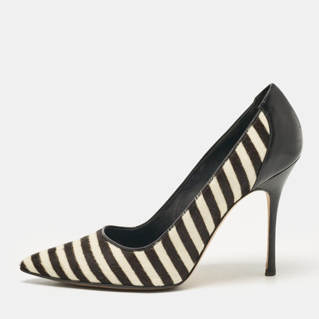 luxury-women-manolo-blahnik-used-shoes-p1054594-003 Manolo Blahnik Black Calfhair and Leather Stiped Pumps Size 38