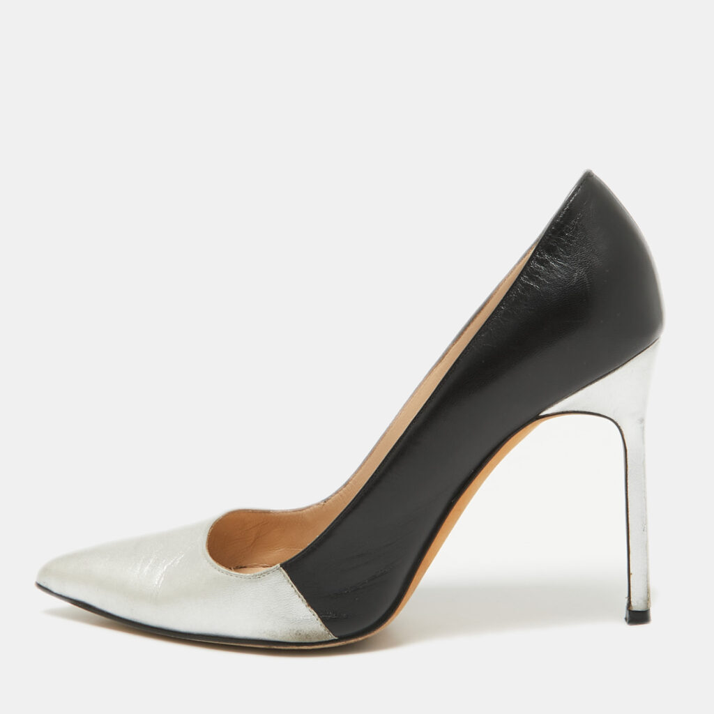 luxury-women-manolo-blahnik-used-shoes-p1071932-001 Manolo Blahnik Silver/Black Leather BB Pumps Size 36.5