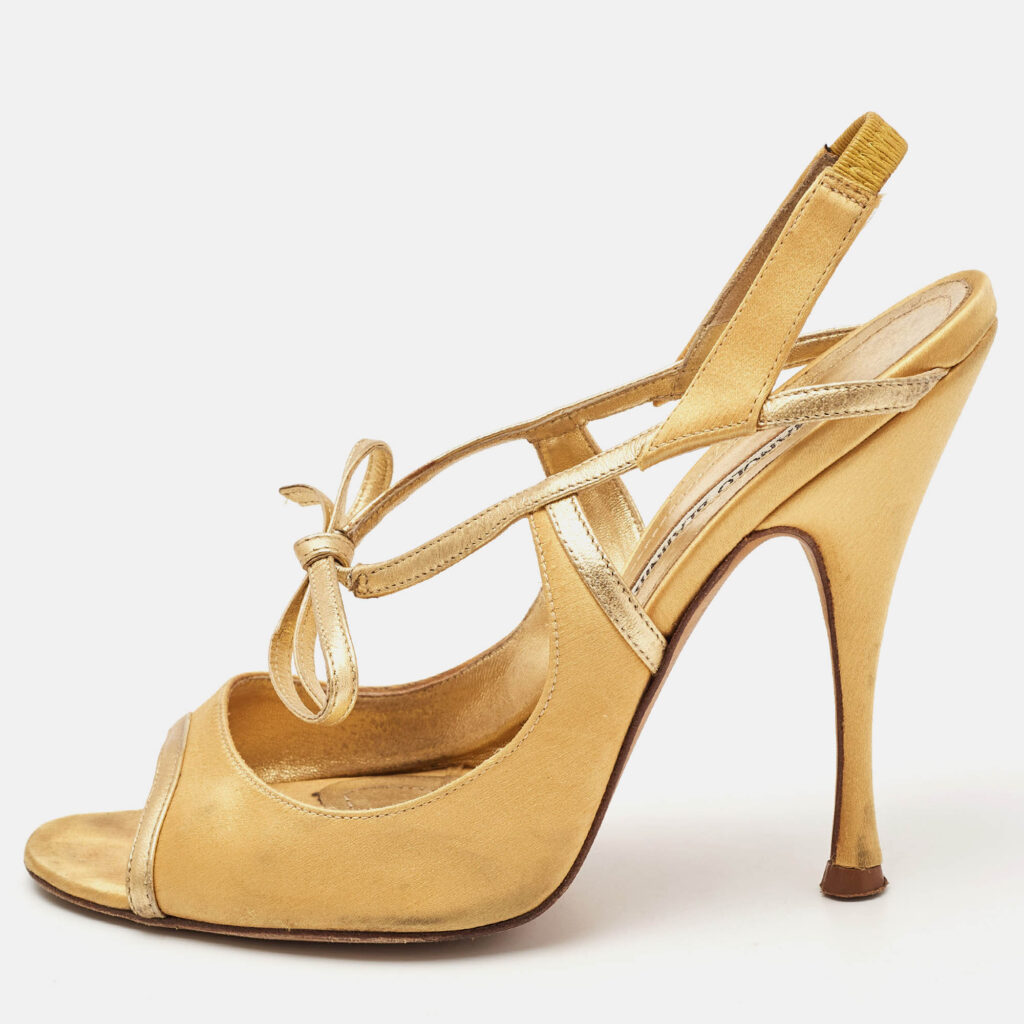 luxury-women-manolo-blahnik-used-shoes-p1081622-010 Manolo Blahnik Gold Satin and Leather Bow Slingback Sandals Size 37.5