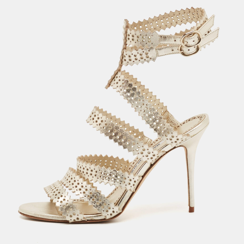 luxury-women-manolo-blahnik-used-shoes-p1082046-001 Manolo Blahnik Gold Leather Ankle Strap Sandals Size 37.5