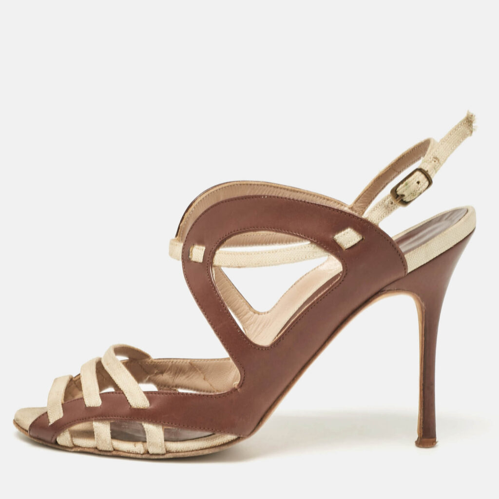 luxury-women-manolo-blahnik-used-shoes-p1082104-010 Manolo Blahnik Brown/Beige Canvas and Leather Strappy Slingback Sandals Size 37.5
