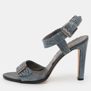 Manolo Blahnik Metallic Blue Lizard Embossed Leather Ankle Strap Sandals Size 38.5