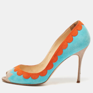 Manolo Blahnik Blue/Orange Suede Peep Toe Pumps Size 41