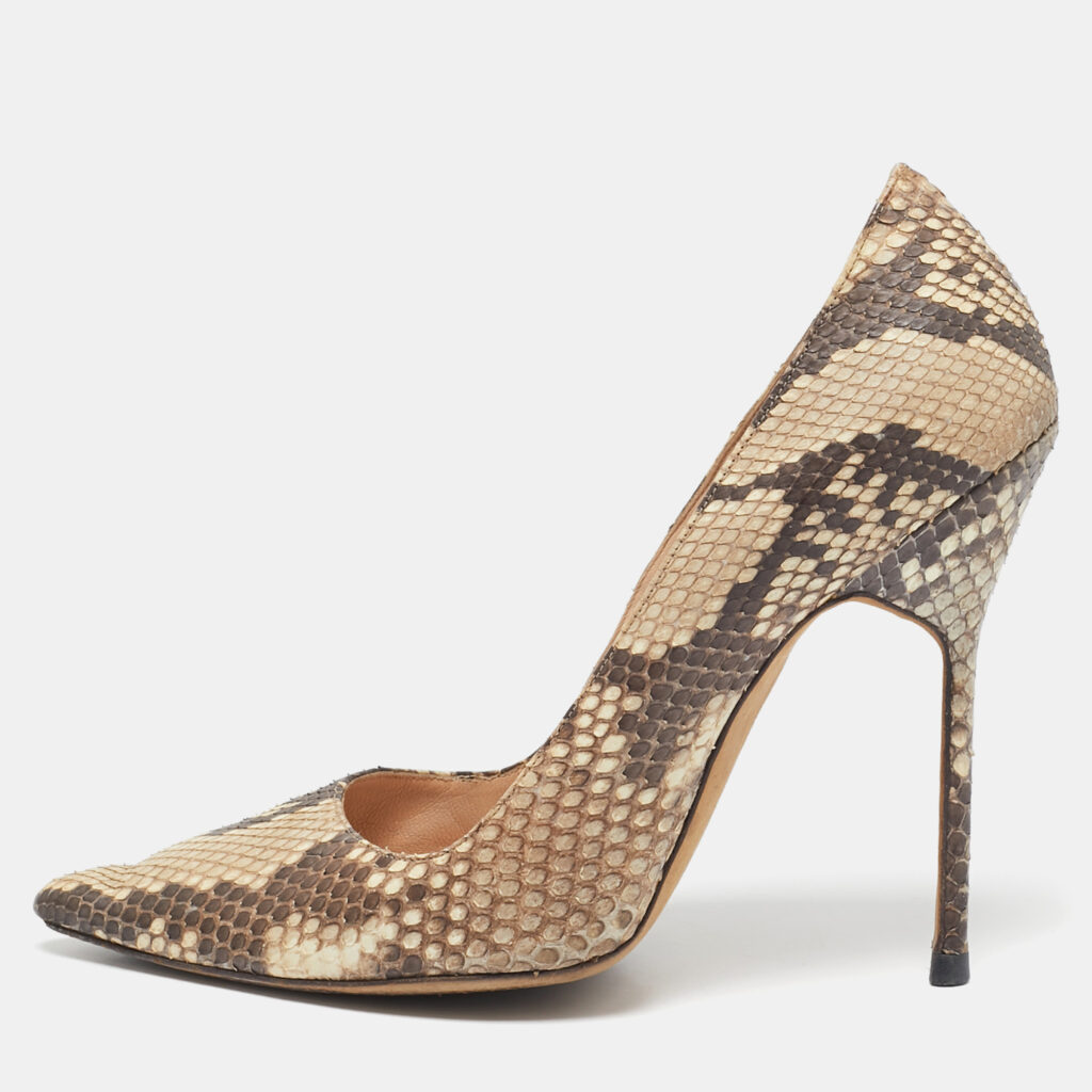 luxury-women-manolo-blahnik-used-shoes-p1100939-001 Manolo Blahnik Brown/Beige Python Leather BB Pointed Toe Pumps Size 38