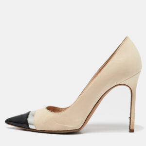 Manolo Blahnik Cream/Black Leather Pointed Toe Pumps Size 37