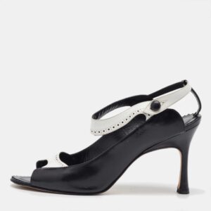 Manolo Blahnik Black/White Leather Brogue Slingback Sandals Size 38.5