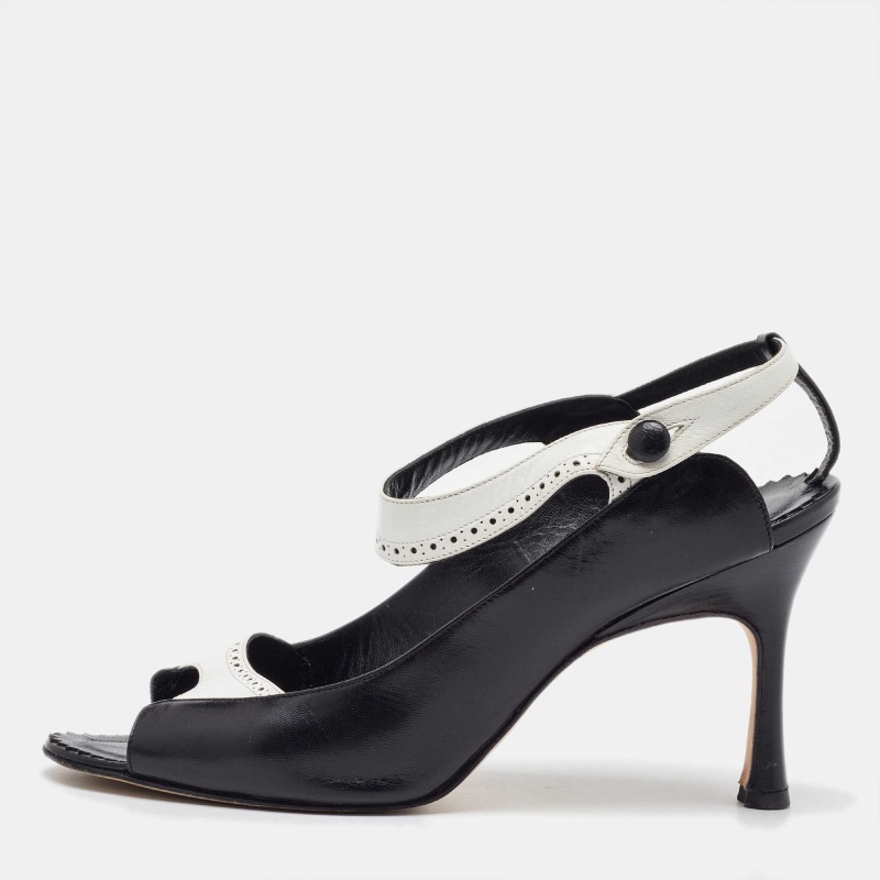 luxury-women-manolo-blahnik-used-shoes-p1112638-1740143829-003 Manolo Blahnik Black/White Leather Brogue Slingback Sandals Size 38.5