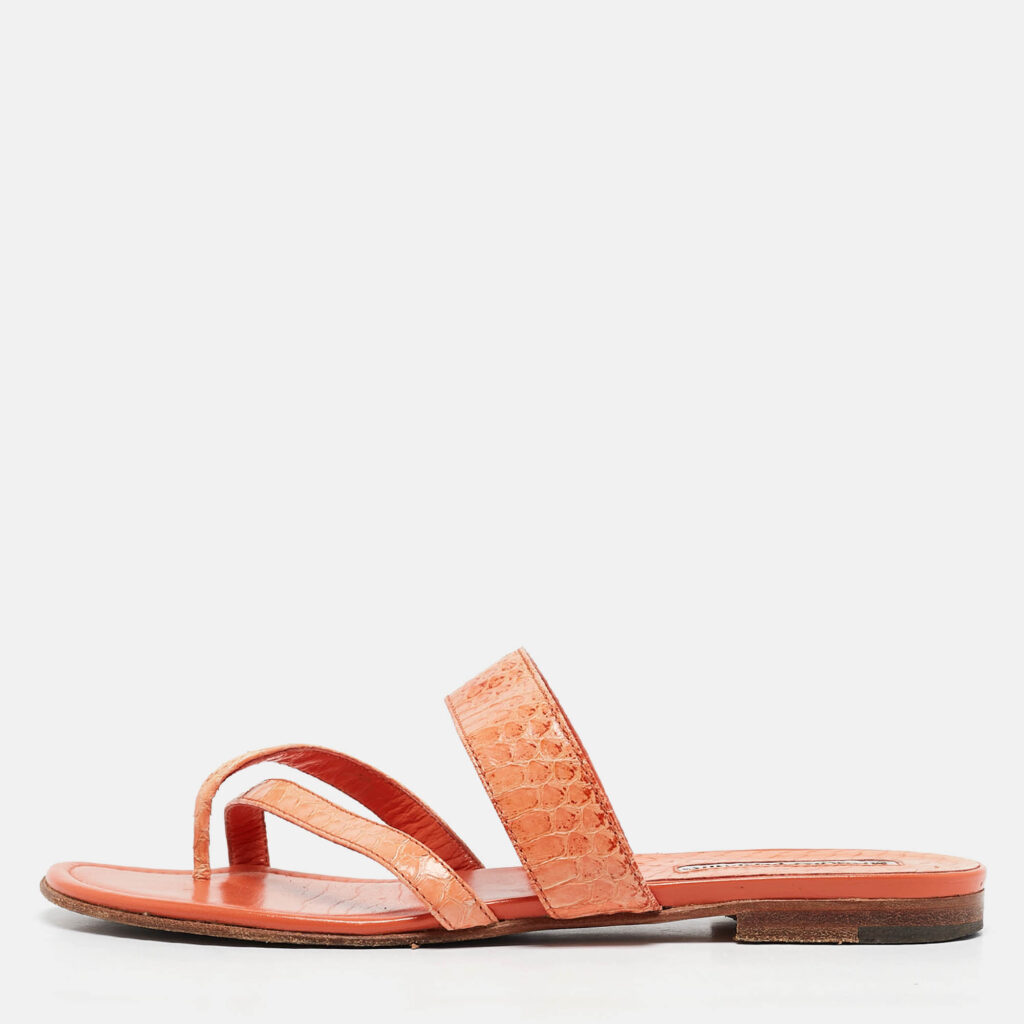 luxury-women-manolo-blahnik-used-shoes-p1116297-010 Manolo Blahnik Orange Python Leather Susa Flat Sandals Size 38