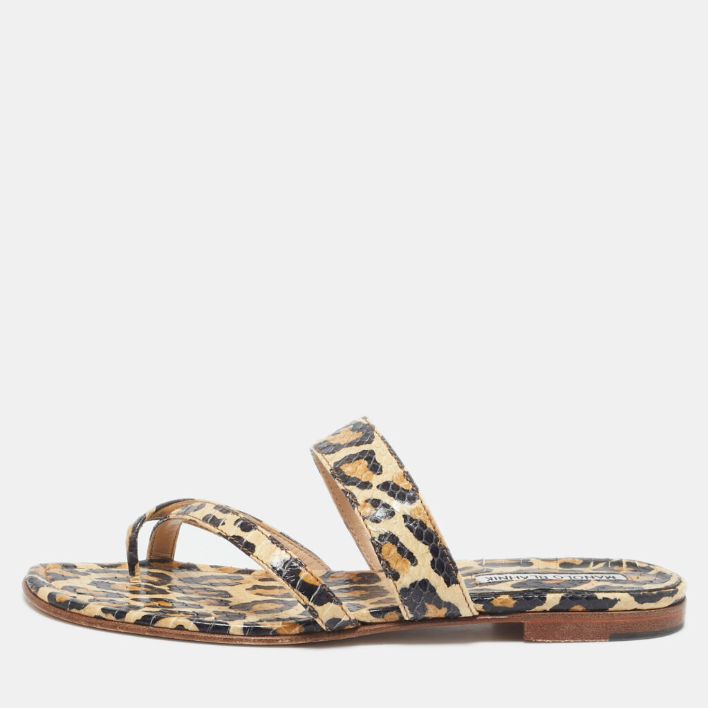 luxury-women-manolo-blahnik-used-shoes-p1116343-001 Manolo Blahnik Brown Leopard Pint Python Leather Thong Flat Slides Size 38