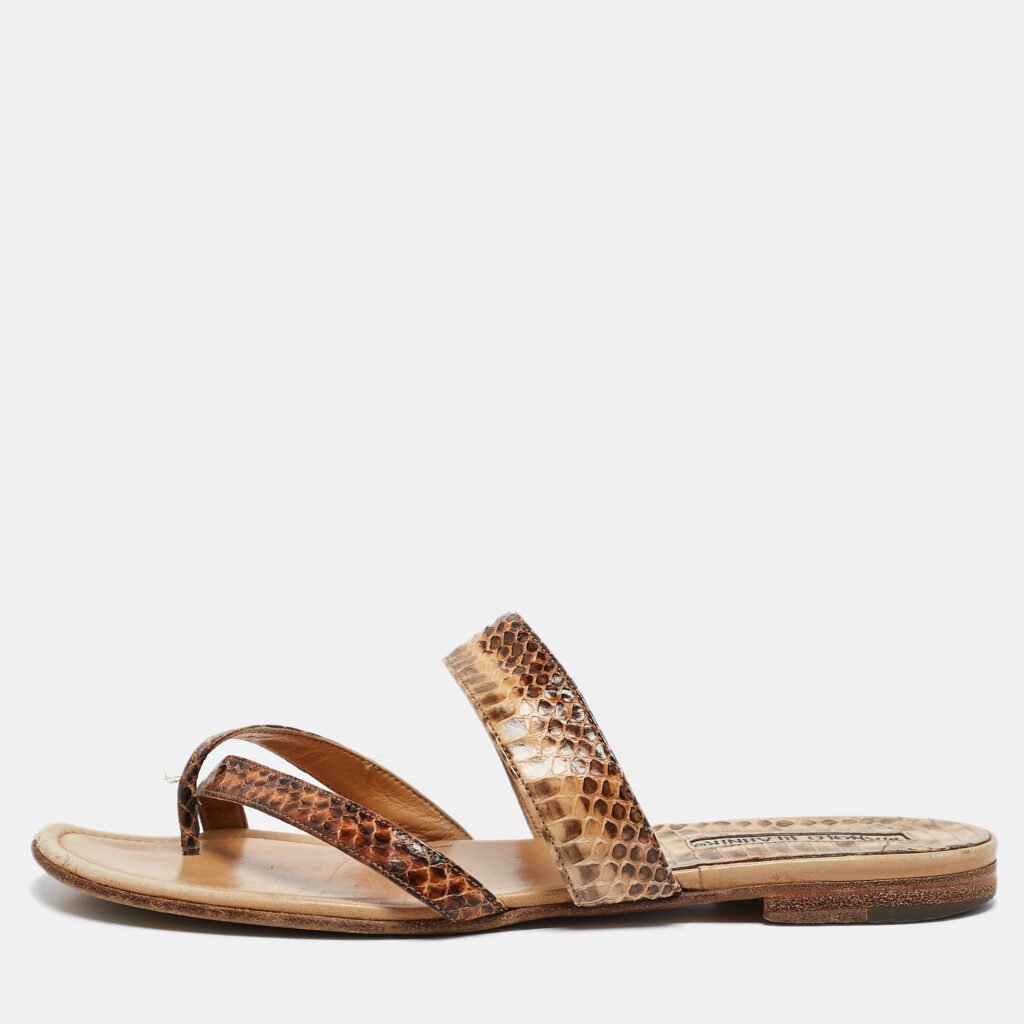 luxury-women-manolo-blahnik-used-shoes-p1116946-001 Manolo Blahnik Brown Python Leather Susa Flat Sandals Size 38