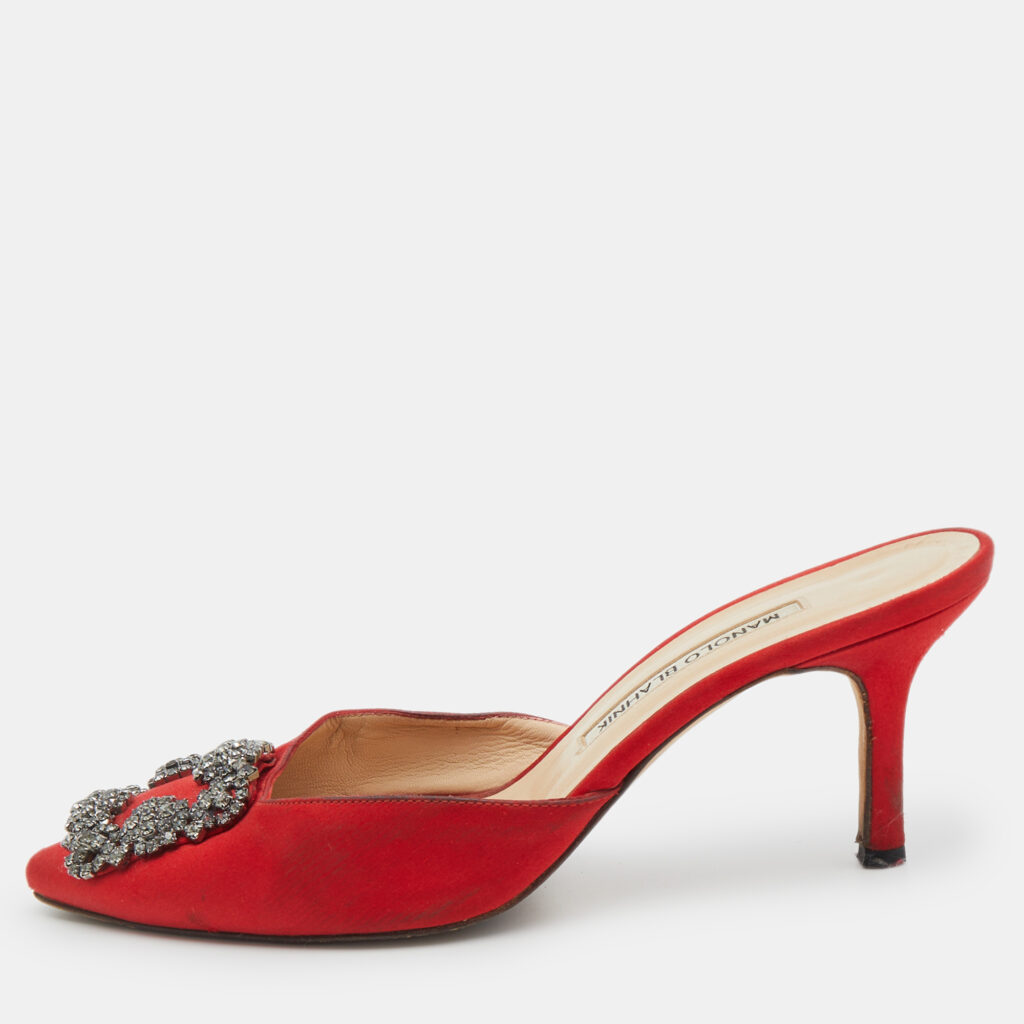 luxury-women-manolo-blahnik-used-shoes-p1117052-010 Manolo Blahnik Red Satin Jewel Buckle Hangisi Mules Size 37.5