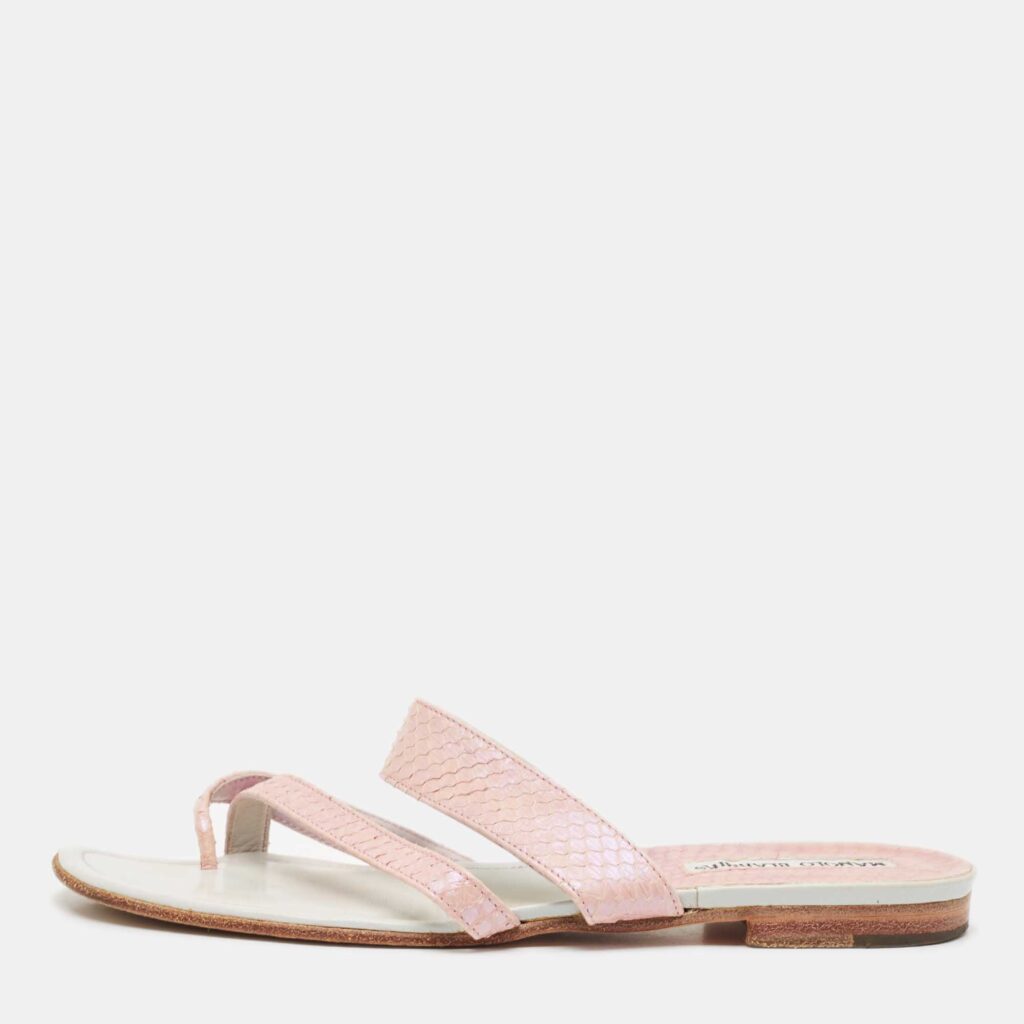 luxury-women-manolo-blahnik-used-shoes-p1117444-003 Manolo Blahnik Pink Python Leather Susa Flat Slides Size 38