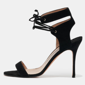 Manolo Blahnik Black Suede Laramod Ankle Strap Sandals Size 37