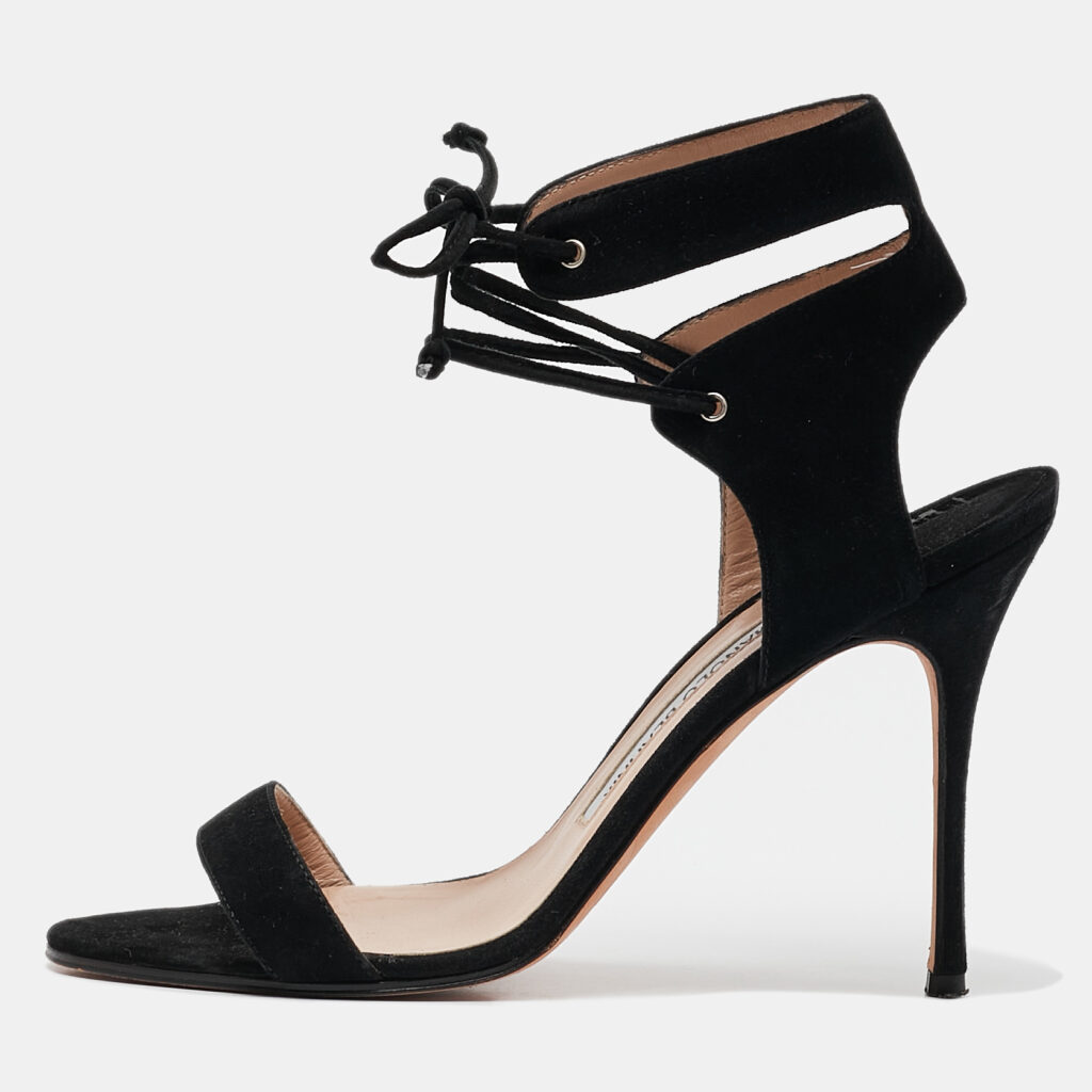 Manolo Blahnik Black Suede Laramod Ankle Strap Sandals Size 37