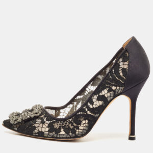 Manolo Blahnik Black Lace And Mesh Hangisi Pumps Size 36.5