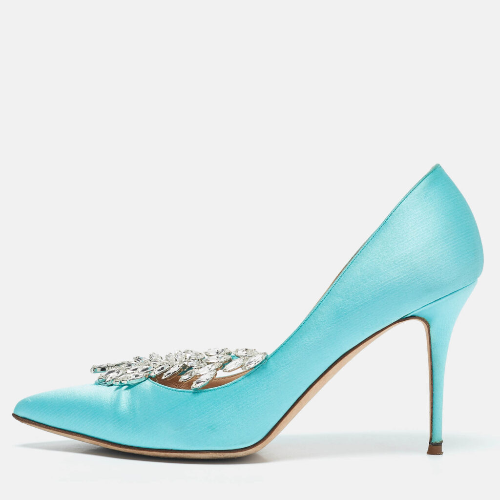 luxury-women-manolo-blahnik-used-shoes-p1137014-010 Manolo Blahnik Blue Satin Nadira Crystal Embellished Pointed Toe Pumps Size 38.5