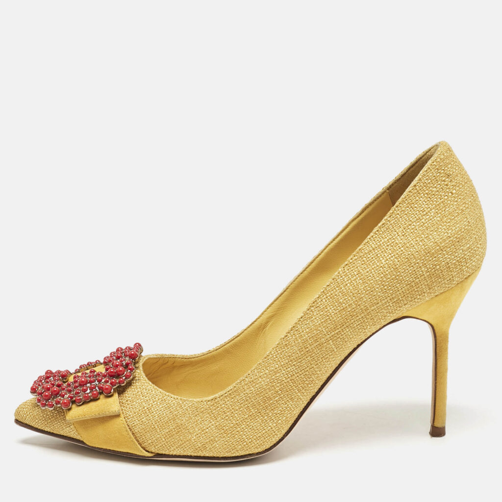 luxury-women-manolo-blahnik-used-shoes-p1144845-010 Manolo Blahnik Yellow Canvas and Suede Hangisi Pumps Size 36.5