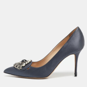 Manolo Blahnik Grey Satin Okkaava Emerald Pumps Size 36.5