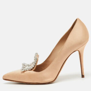 Manolo Blahnik Beige Satin Borlak Crystal Embellished Pointed Toe Pumps Size 36