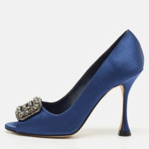 Manolo Blahnik Navy Blue Satin Matik Peep Toe Pumps Size 35