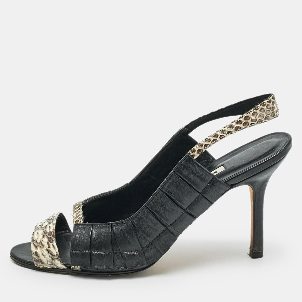 luxury-women-manolo-blahnik-used-shoes-p1154062-003 Manolo Blahnik Black/Beige Leather and Water snake Slingback Sandals Size 38