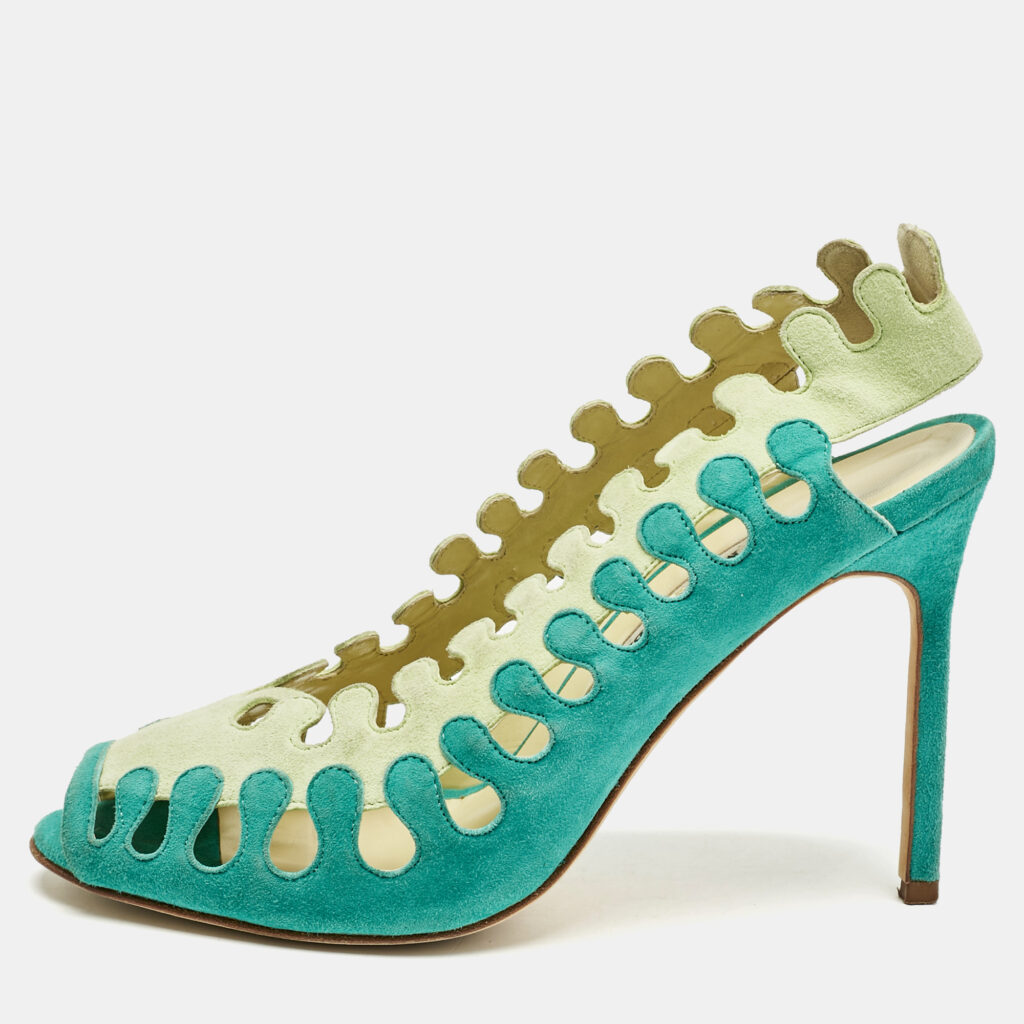 luxury-women-manolo-blahnik-used-shoes-p1154935-010 Manolo Blahnik Two Tone Cutout Suede Slingback Peep Toe Pumps Size 37.5