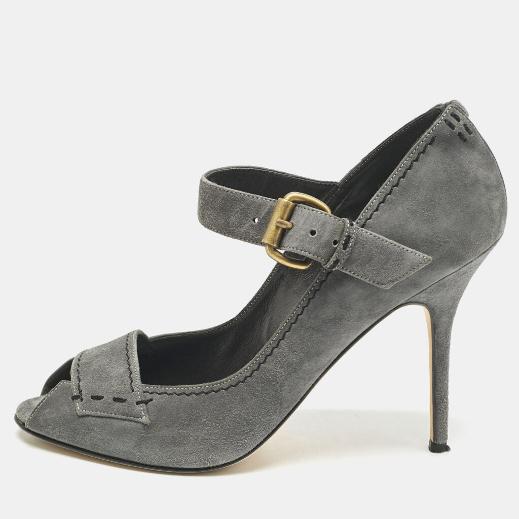 luxury-women-manolo-blahnik-used-shoes-p1155621-001 Manolo Blahnik Grey Suede Reata Peep Toe Pumps Size 40.5
